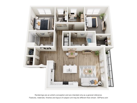 A 3D floor plan of a house with multiple rooms.